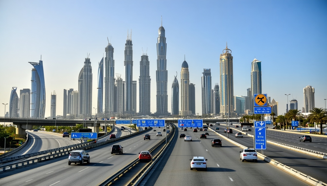 Dubai skyline with busy highways and toll gates