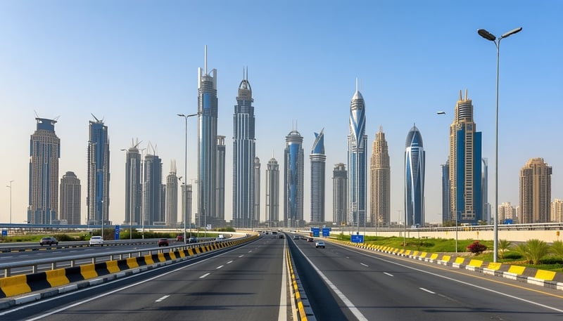 Dubai skyline with major highways and toll gates